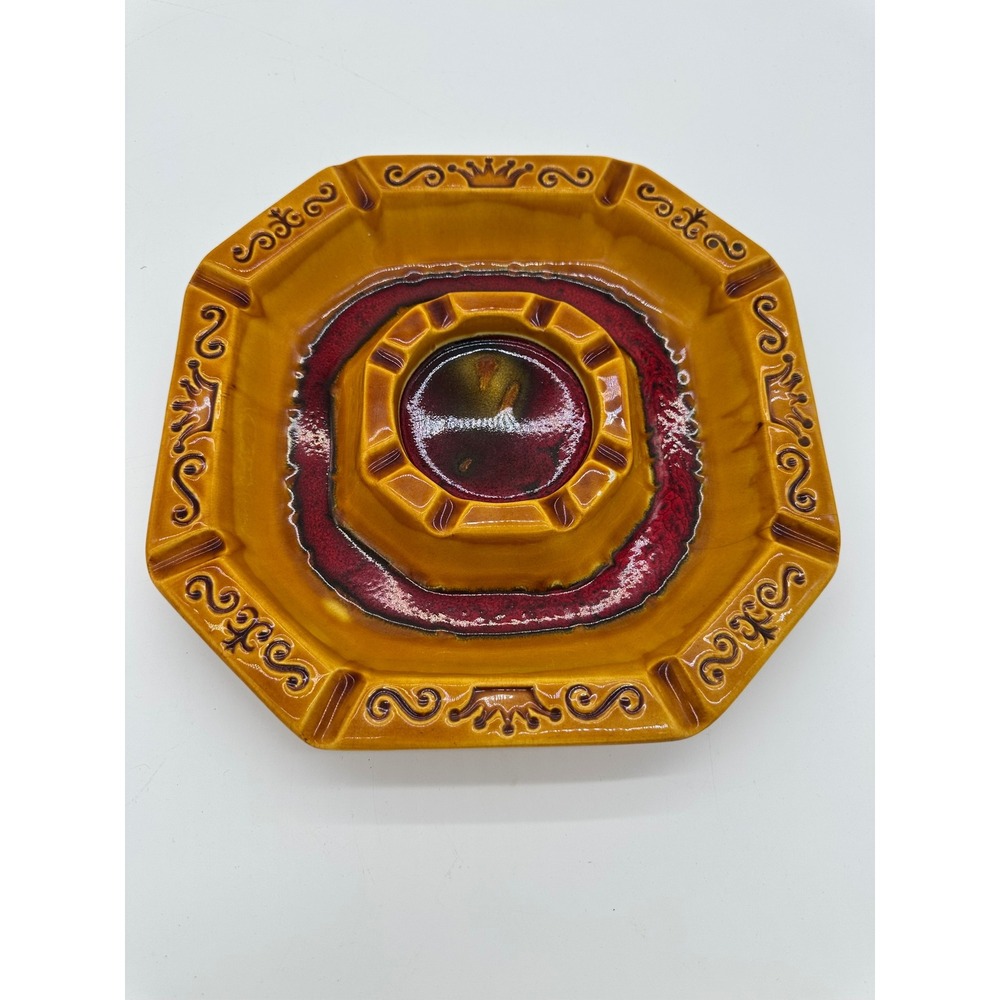 VTG MCM ashtray 1970 Octagon Lava Glaze Yellow Red retro Maddux of California
